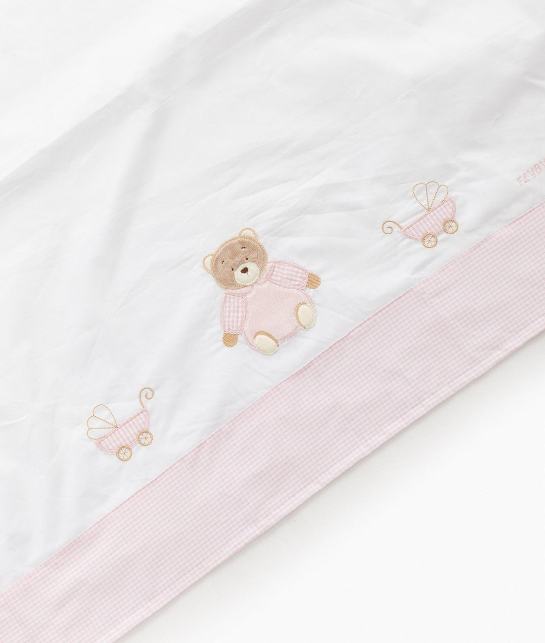 Pink gingham border flat sheet with embroidered teddy bear detail