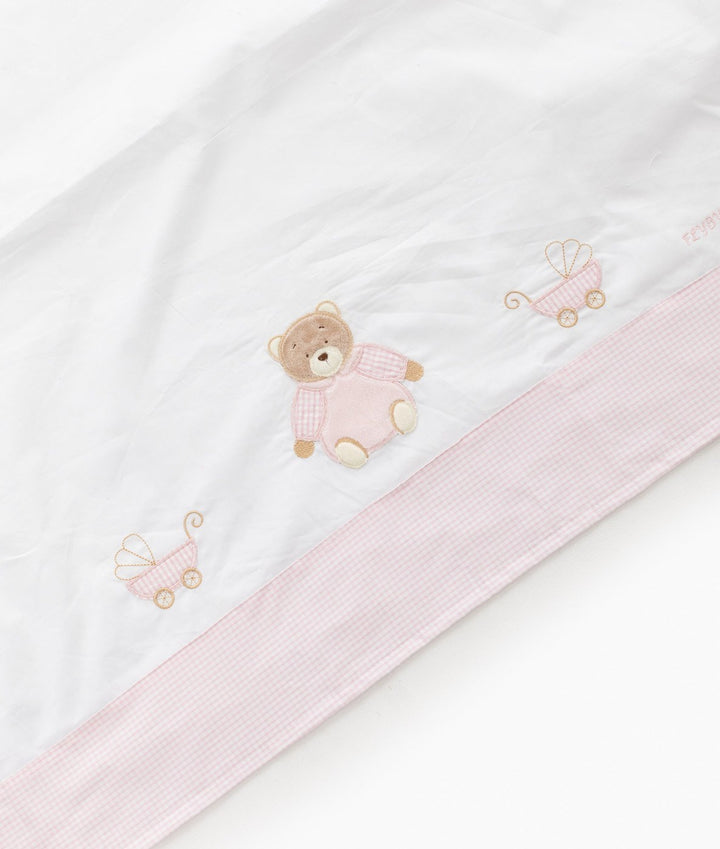 Pink gingham border flat sheet with embroidered teddy bear detail