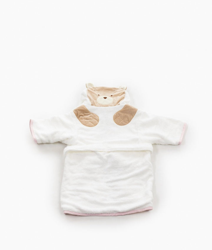 White cotton baby bathrobe back view with brown bear hood design