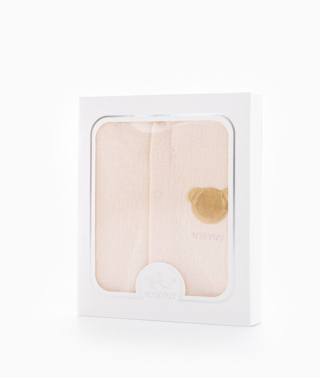 FLYBYFLY retail packaging box displaying folded pink baby suit inside