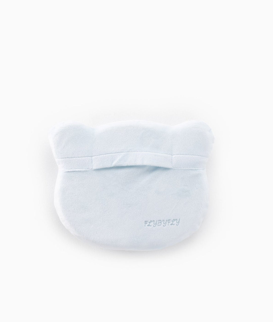 Light blue infant flat head support pillow back view with bear ear contours and embroidered FLYBYFLY logo