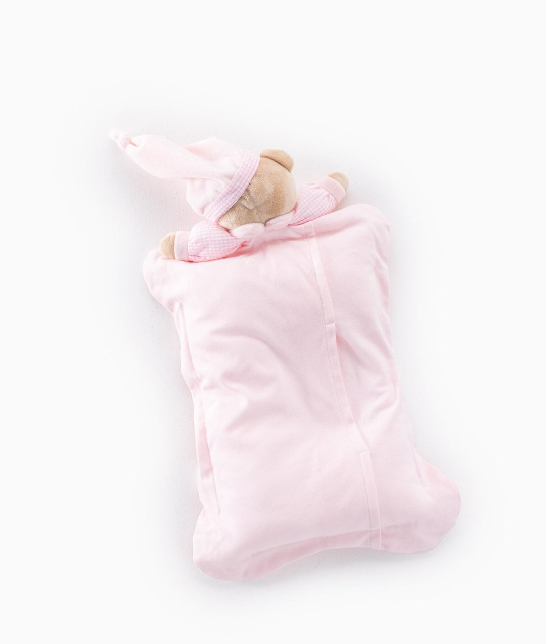 Pink cotton infant head support pillow back view with plush teddy bear and gingham hat
