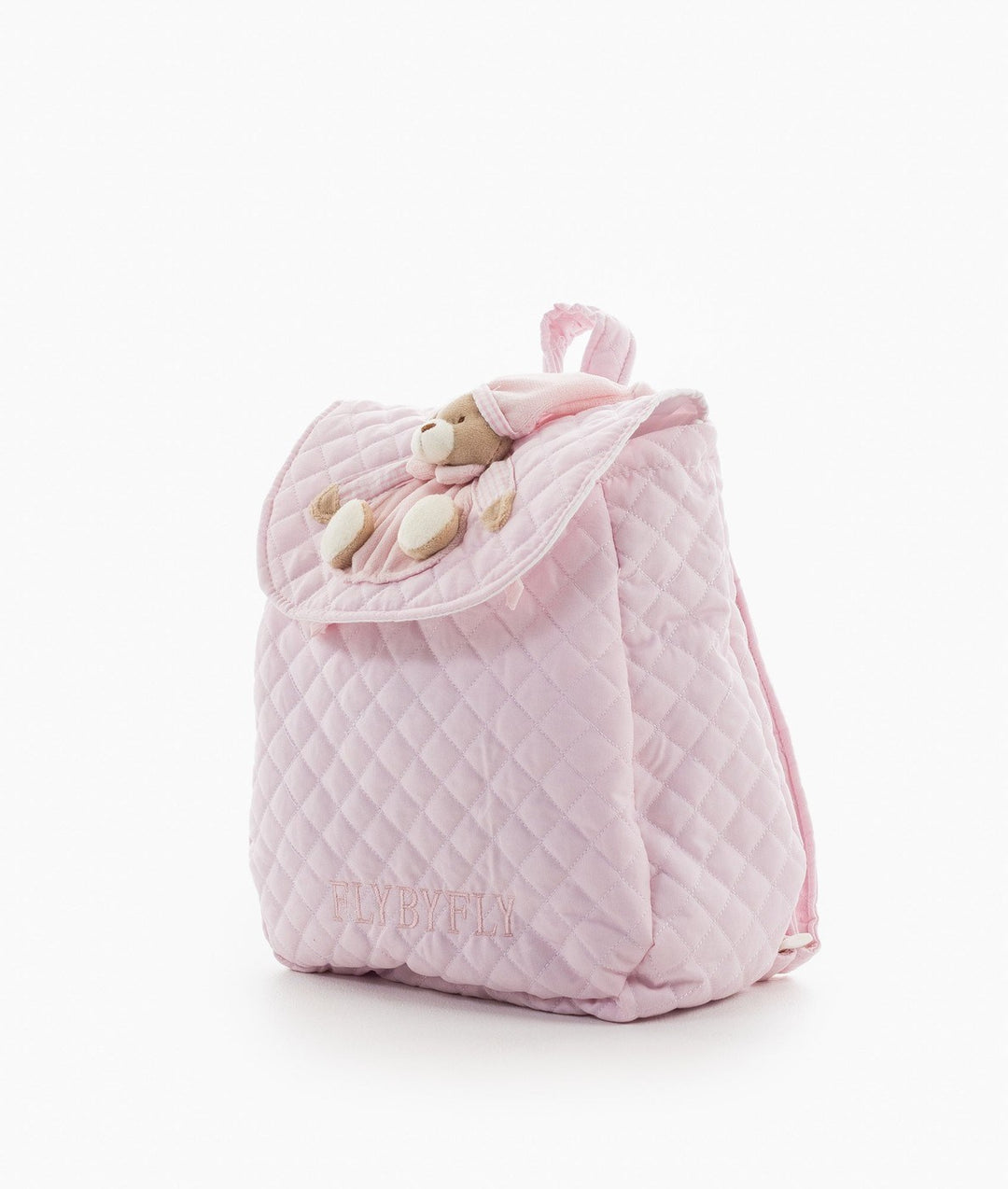 Pink children's bag showing diamond stitching texture and side profile