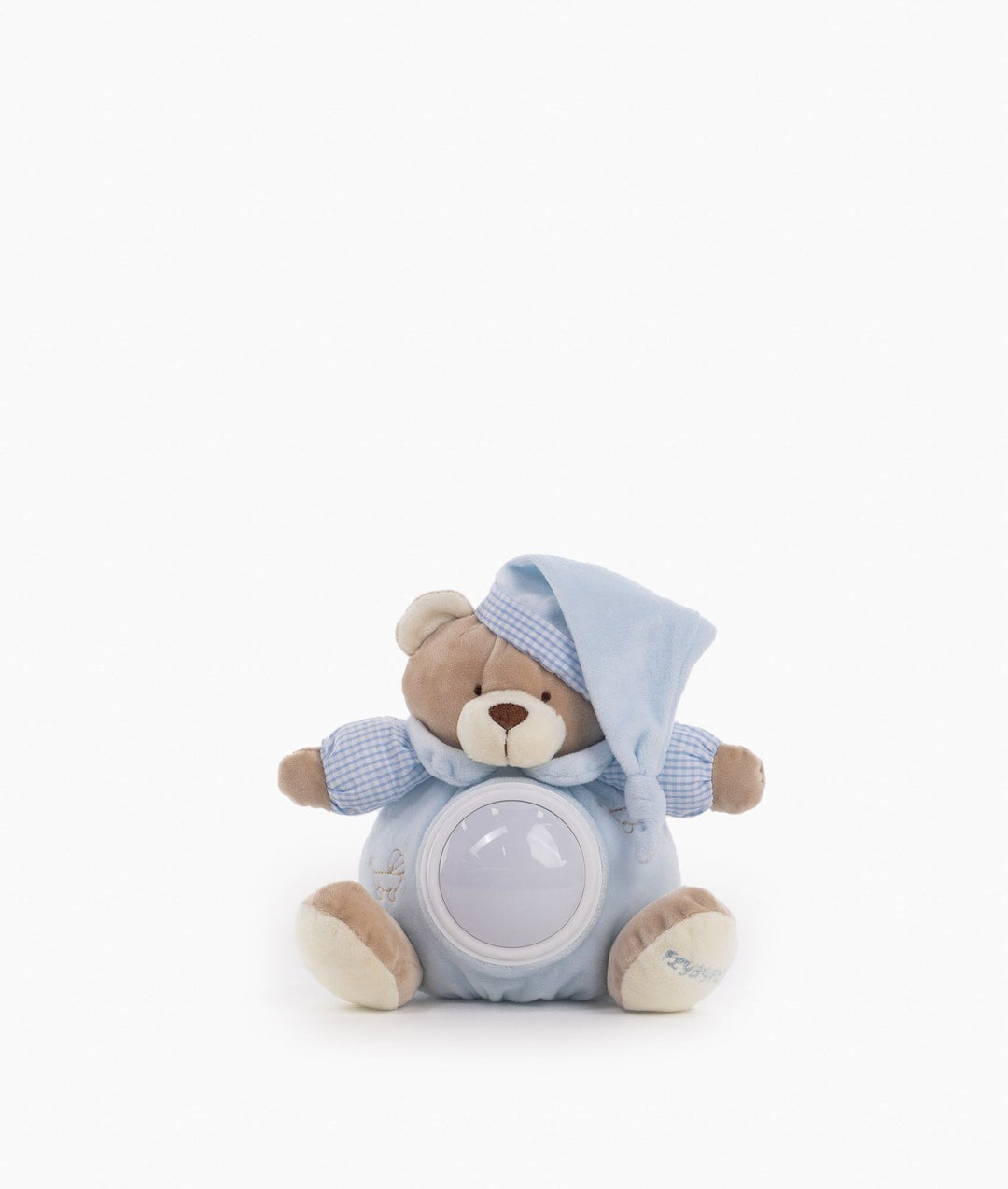 Full front view of blue musical night light with checkered accents and belly button
