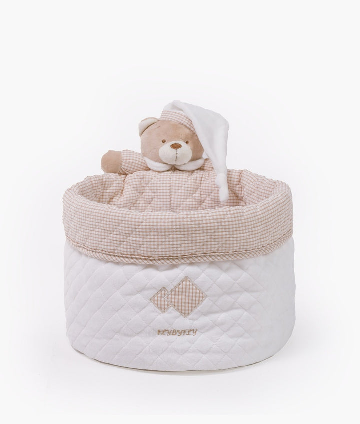 Baby nappy caddy for nursery in white and beige