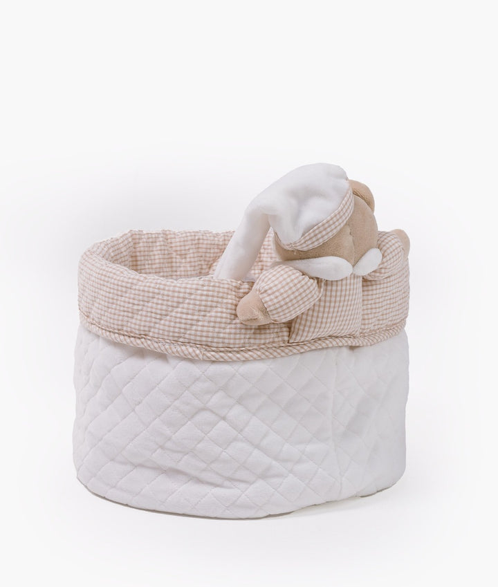 Baby nappy caddy for nursery in white and beige