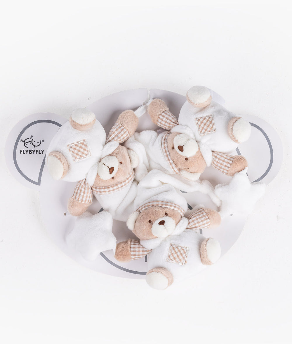 FLYBYFLY beige and white pram activity toy with three plush bears on curved grey base