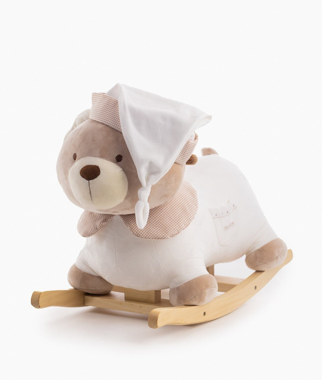FLYBYFLY rocking teddy bear with pink gibbon ribbon and wooden rocker