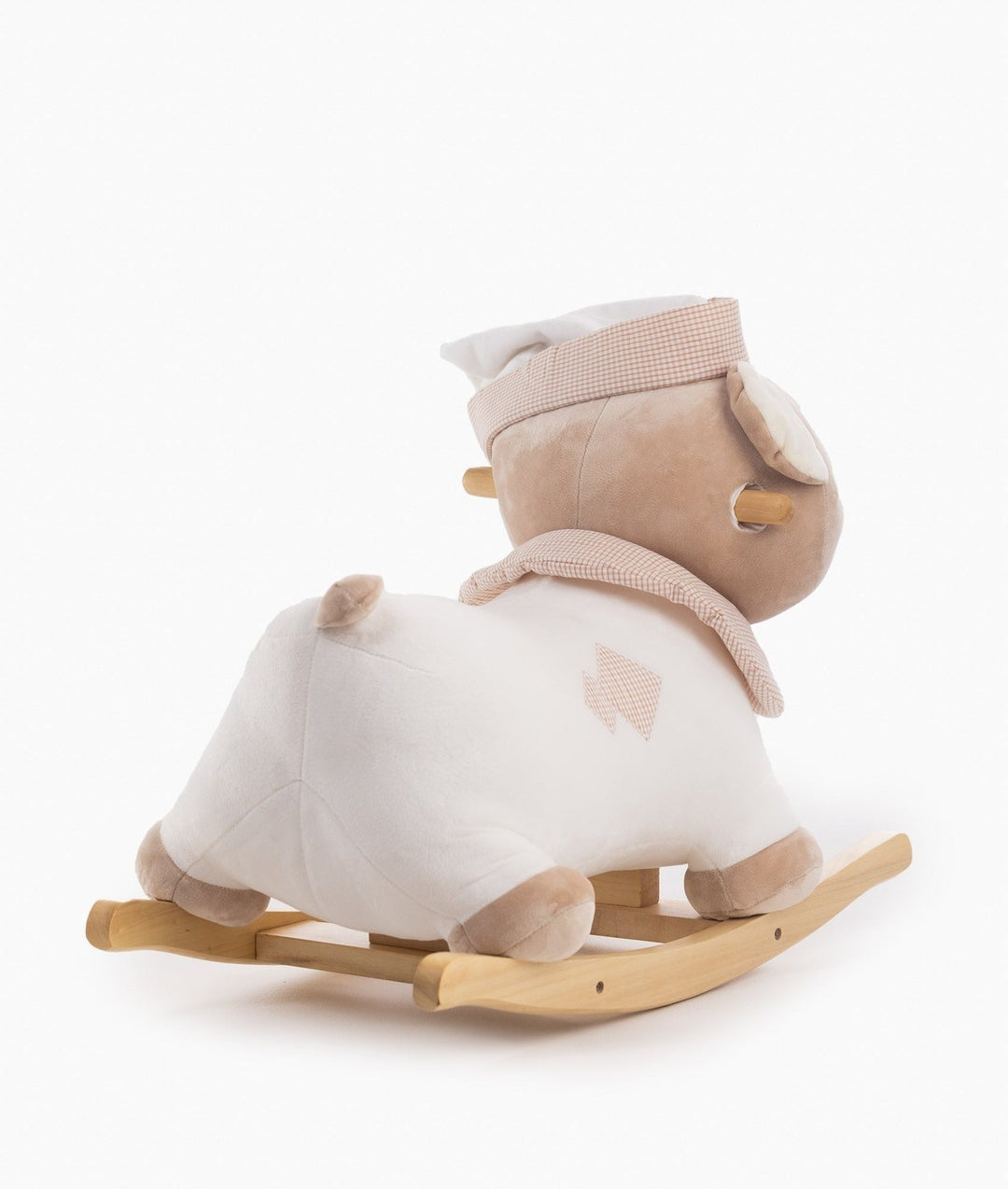 Back view of beige rocking teddy bear showing plush texture and wood base