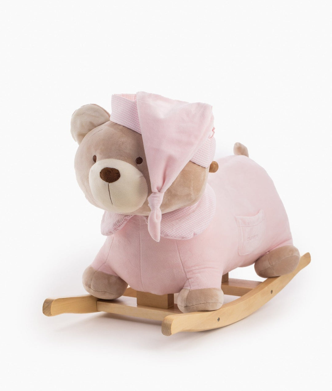 Pink rocking teddy bear with plush body and natural wood base
