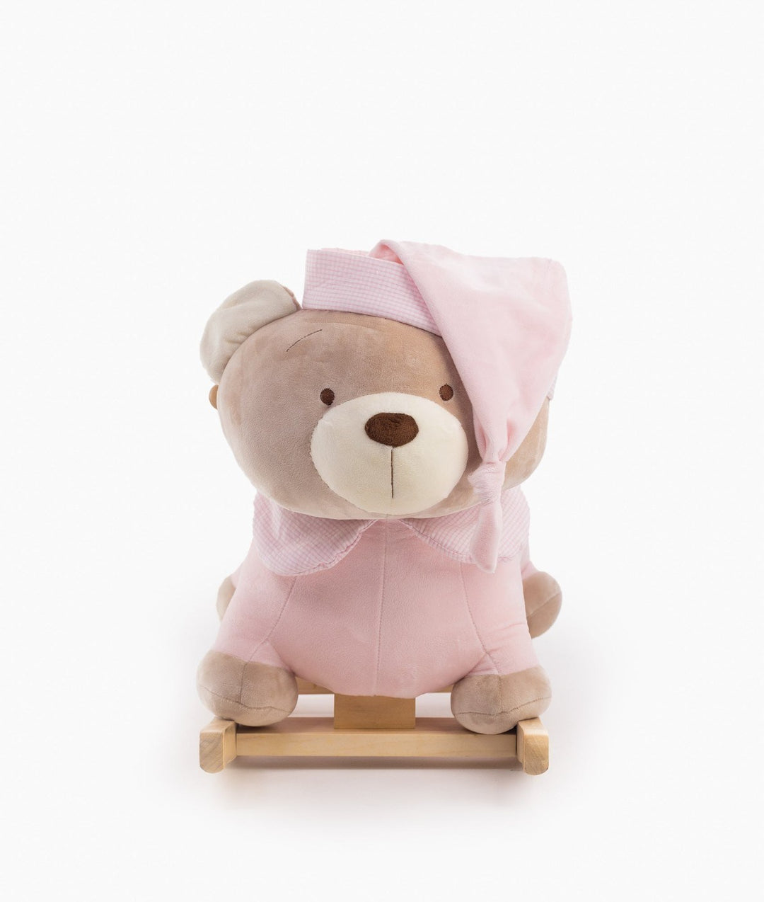 Front view of pink rocking bear with gingham neckerchief