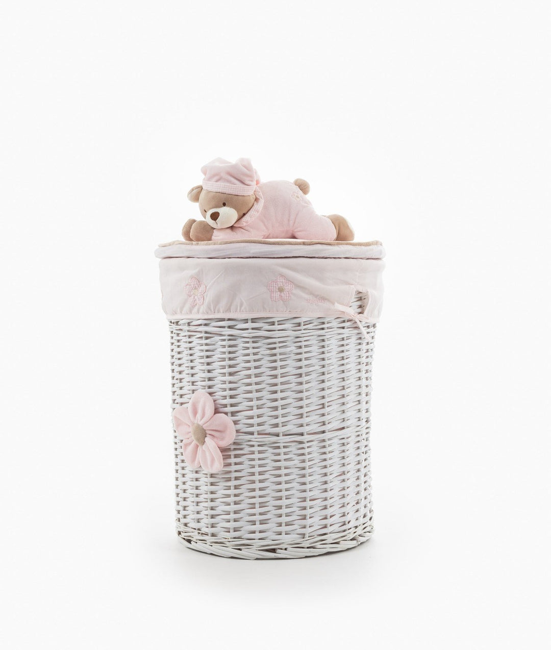 Front view of cylindrical white wicker basket with pink teddy bear lid