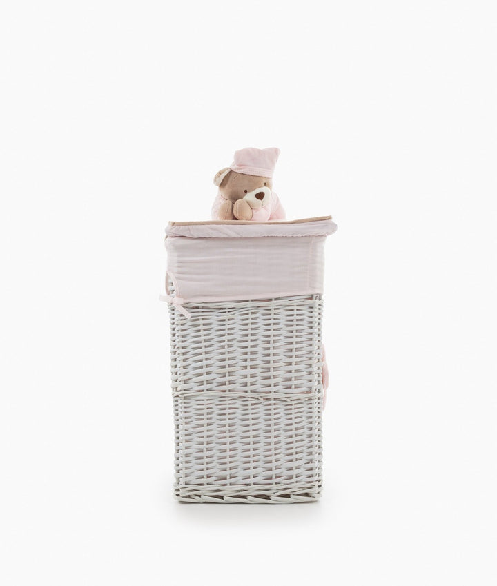 Pink wicker storage basket with removable fabric liner and teddy bear lid