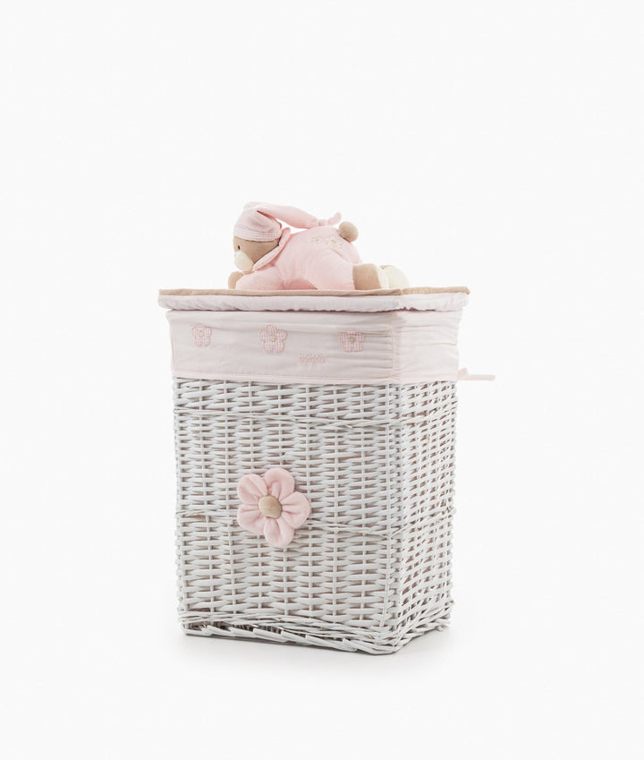 Small square wicker basket with pink embroidery, flower accent, and bear