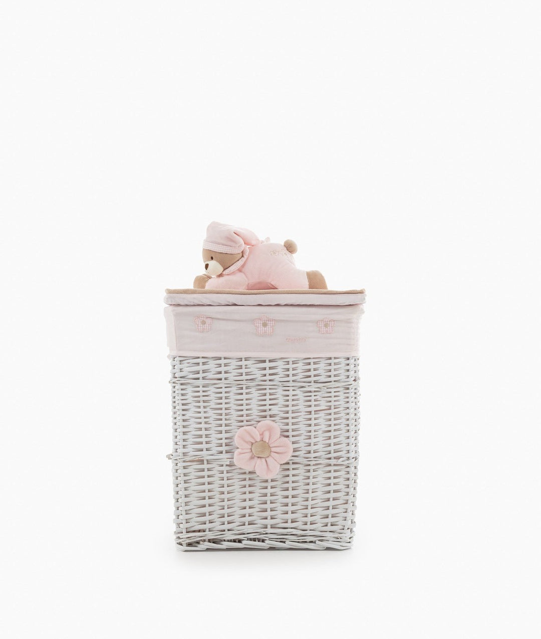Medium white wicker basket with embroidered pink flower and sleeping bear