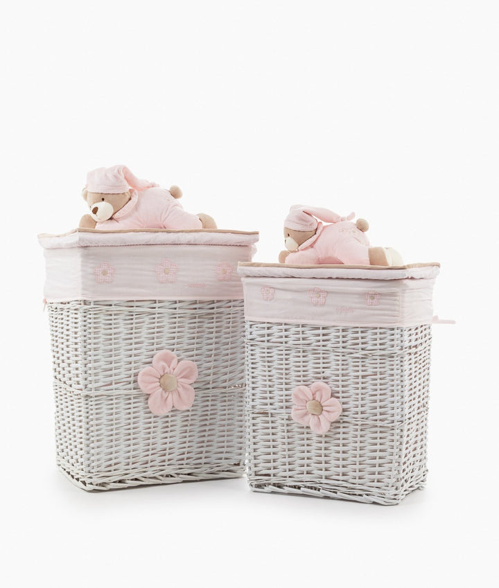 Set of two pink floral wicker baskets with plush teddy bears on lids