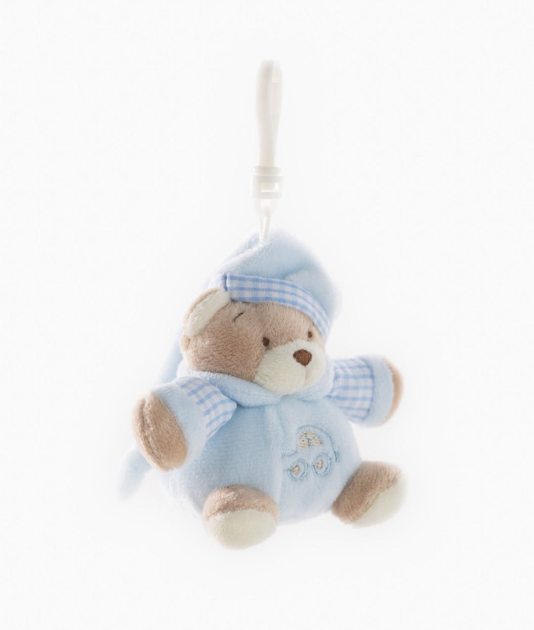 Blue stuffed bear accessory showing brown fur texture and side profile