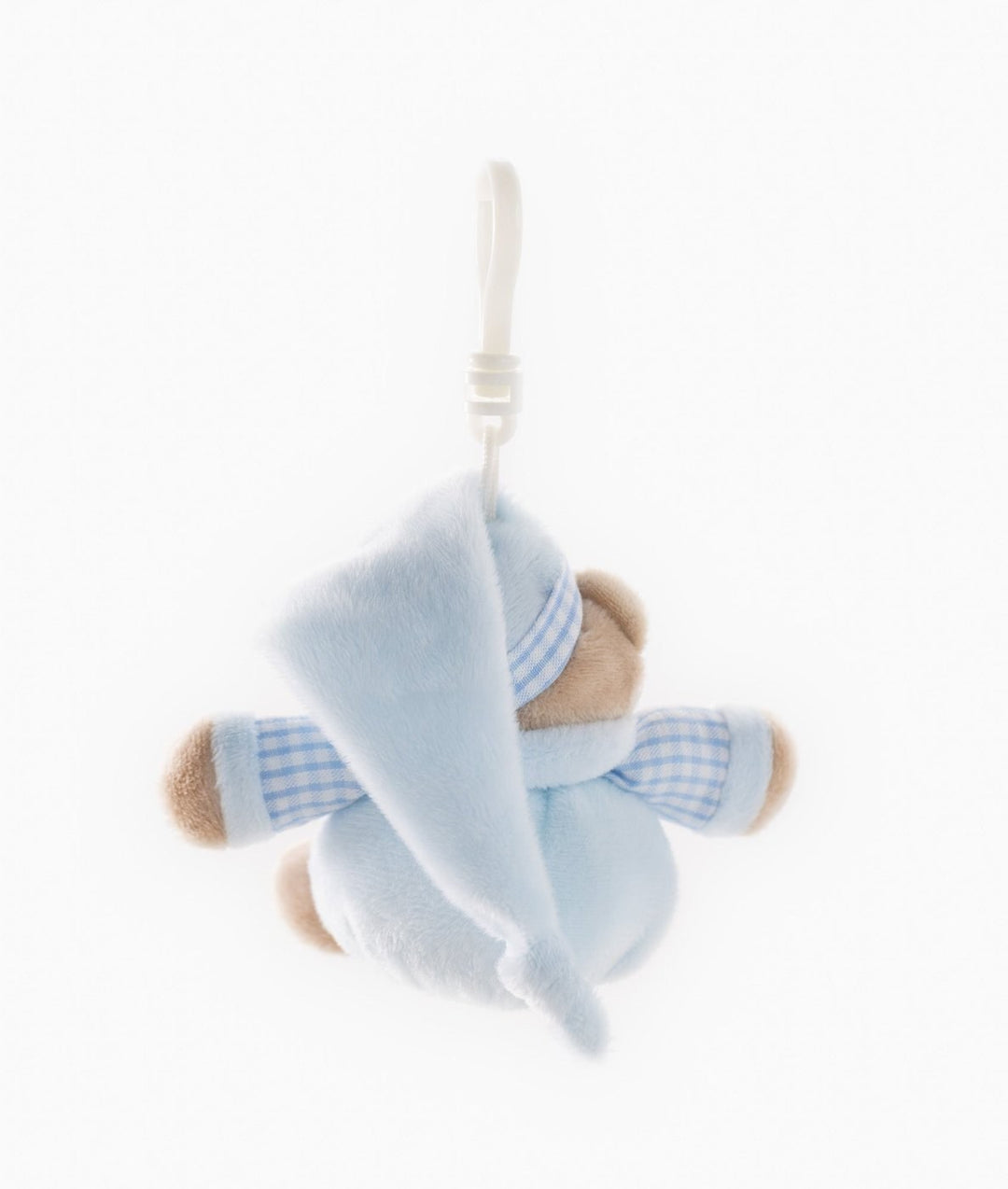 Back view of blue plush bear accessory with pointed hood and gingham cuffs
