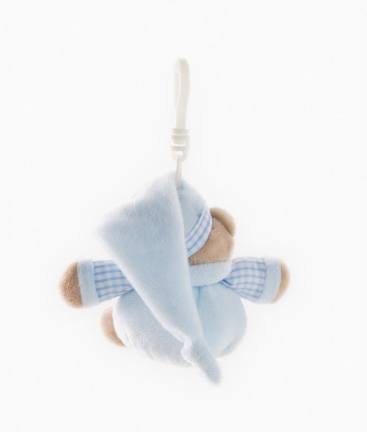 Back view of blue plush bear accessory with pointed hood and gingham cuffs