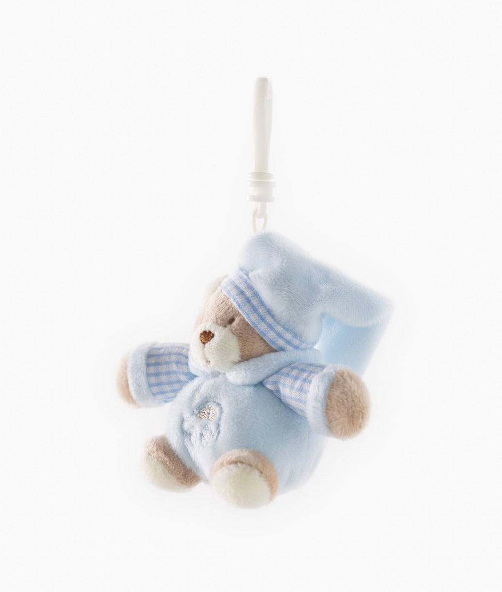 Blue teddy bear bag charm with tan paws and embroidered stroller design