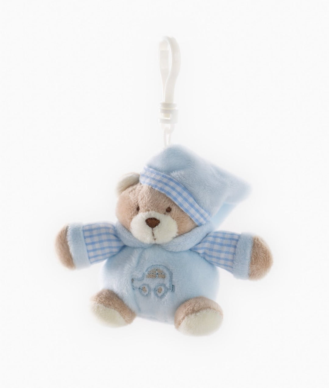 Light blue plush teddy bear keychain with gingham trim and pram embroidery