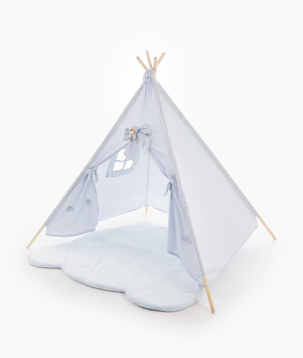 Light blue children teepee tent with cloud floor mat and embroidered car pockets