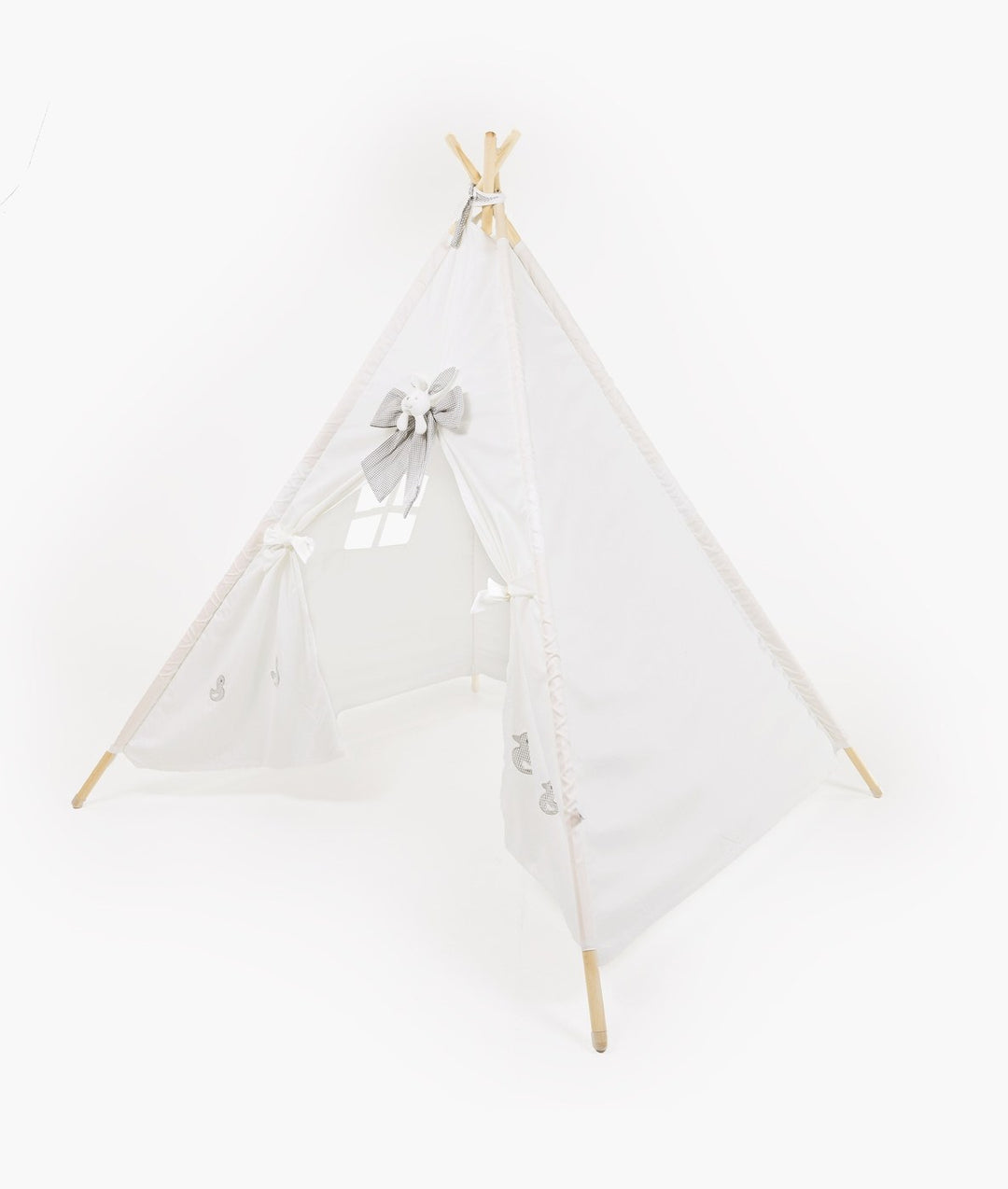 White play teepee tent open front entrance with ribbons and interior square window flap