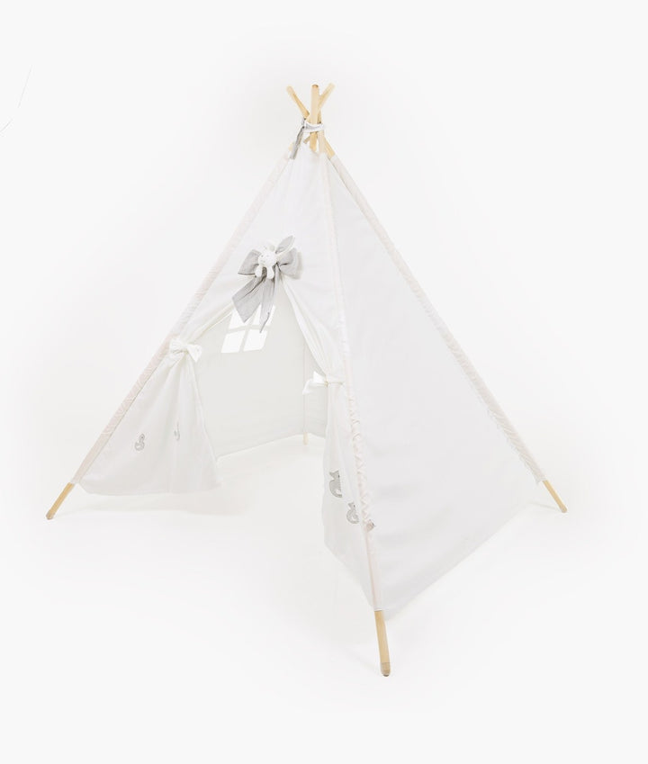 White play teepee tent open front entrance with ribbons and interior square window flap