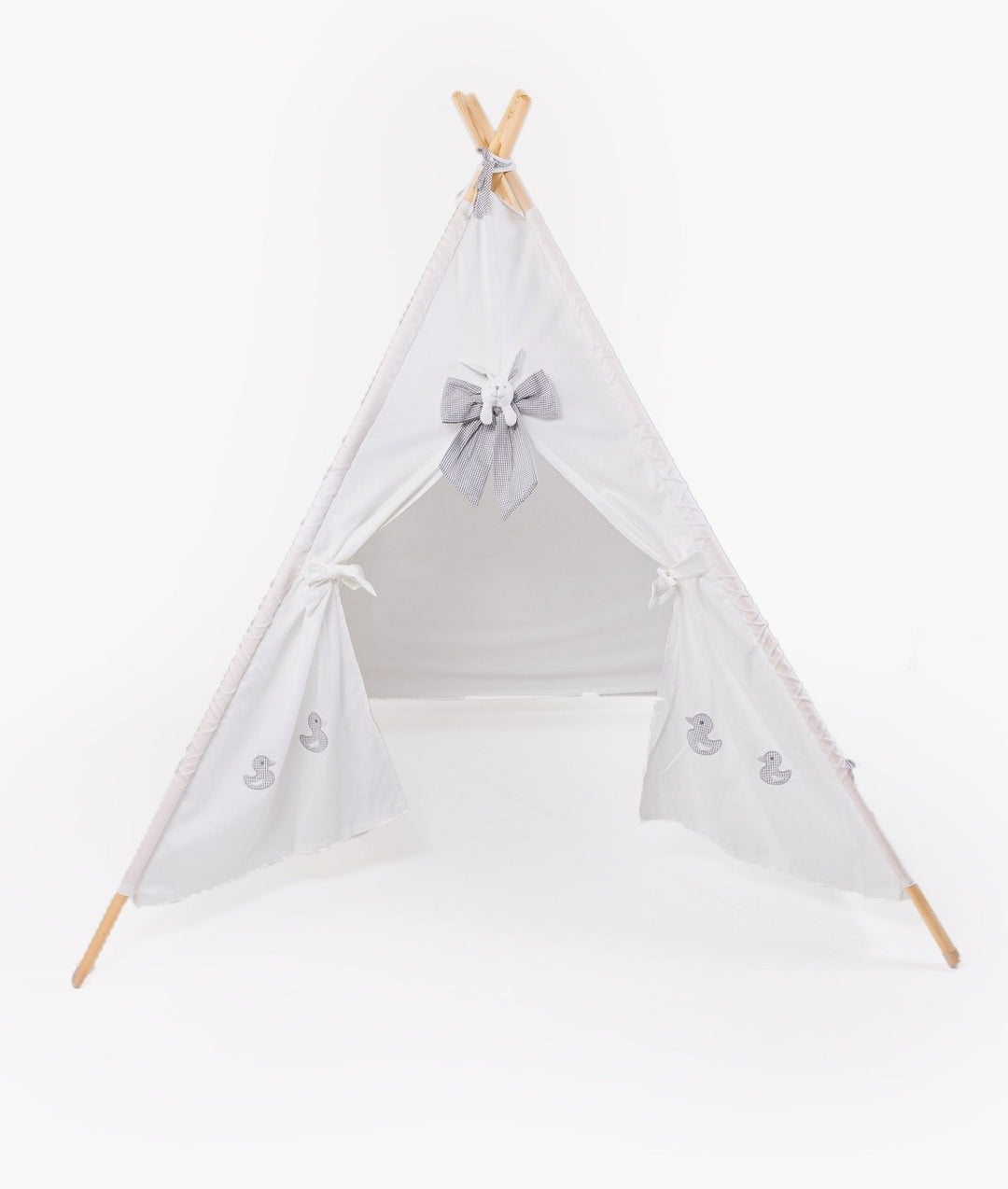Grey and white children's teepee tent with grey gingham duck embroidery and bunny bow peak