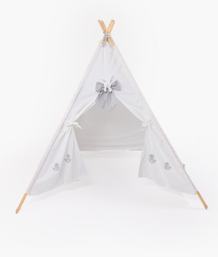 Grey and white children's teepee tent with grey gingham duck embroidery and bunny bow peak
