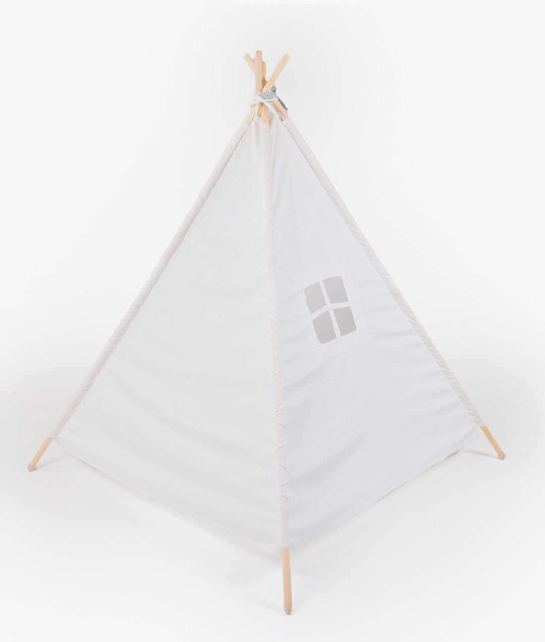 White teepee tent side view featuring a four-pane square window design on fabric