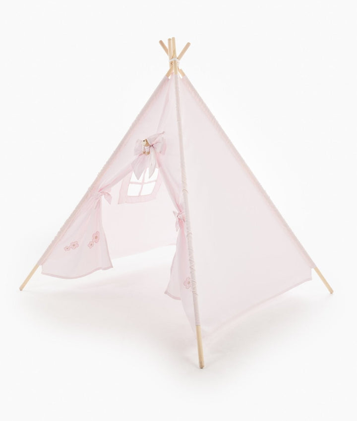 Assembled pastel pink teepee tent with flower motifs and window