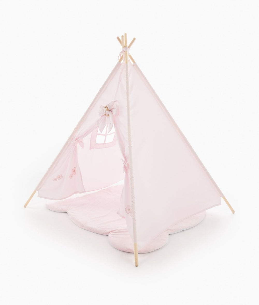 Pink children teepee tent with cloud floor mat and floral embroidery