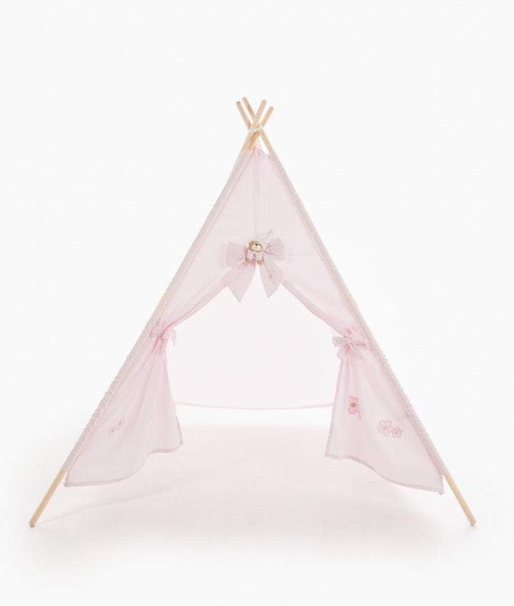 Open pink play teepee with tied side panels and embroidered flowers