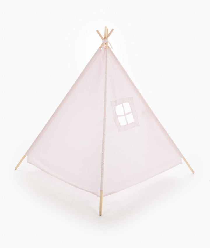 Back view of pink teepee tent with four-pane square window