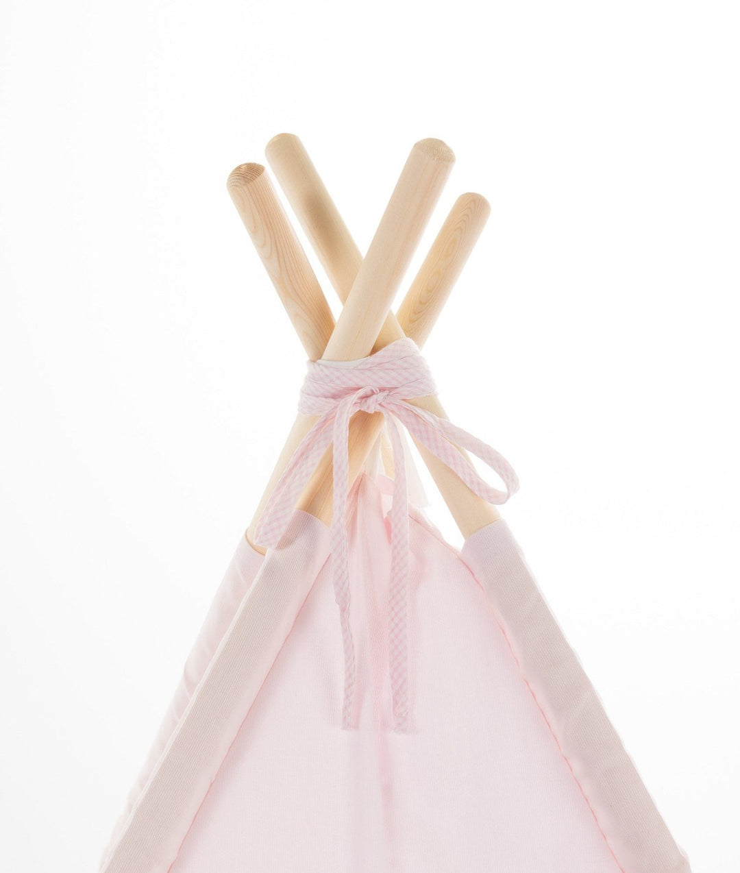 Top apex of pink teepee tent secured with gingham ribbon bow