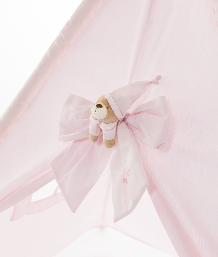 Pink teepee entrance bow detail with plush teddy bear accent