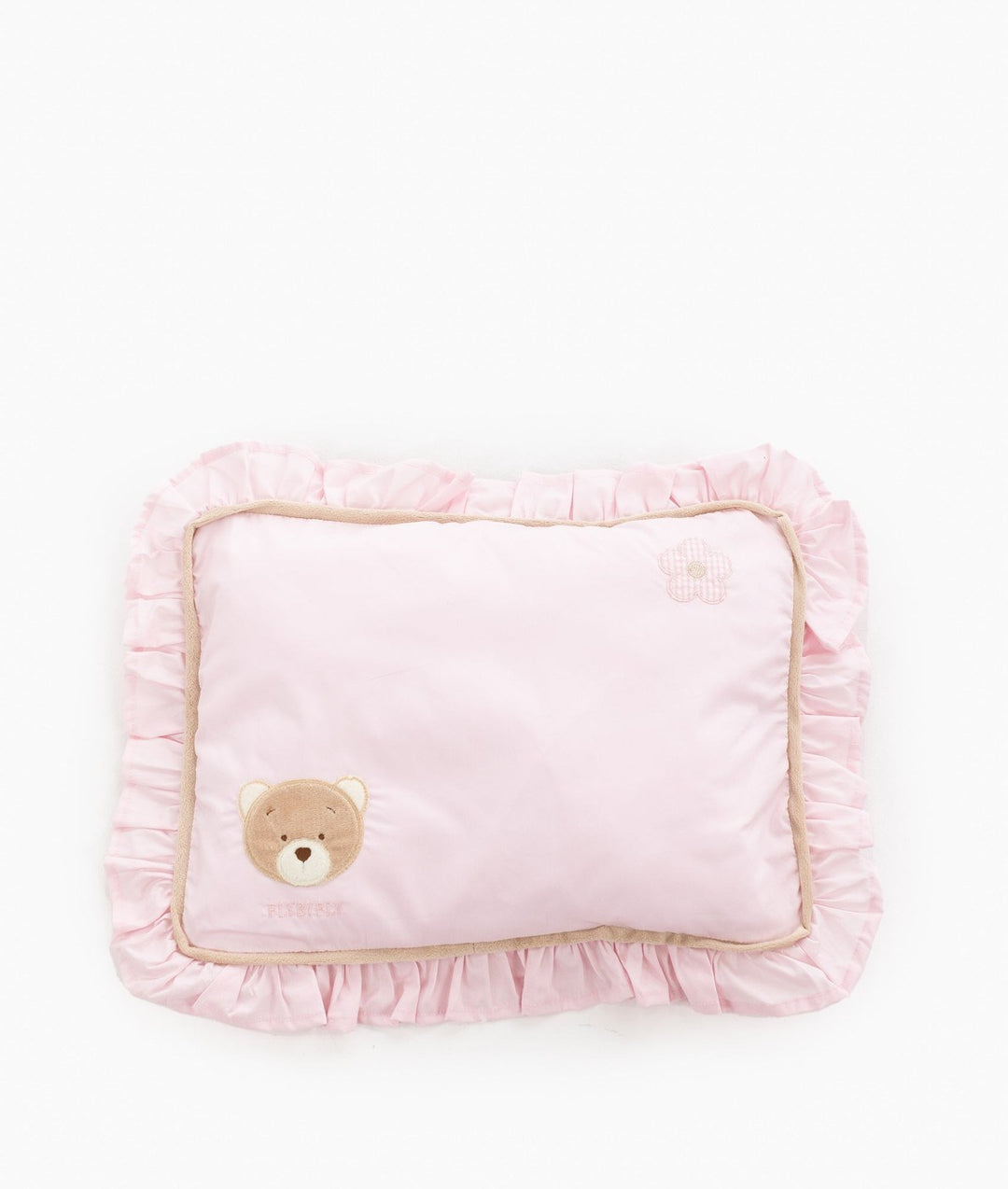 Front view of pink toddler ruffle pillow with teddy bear embroidery and flower applique