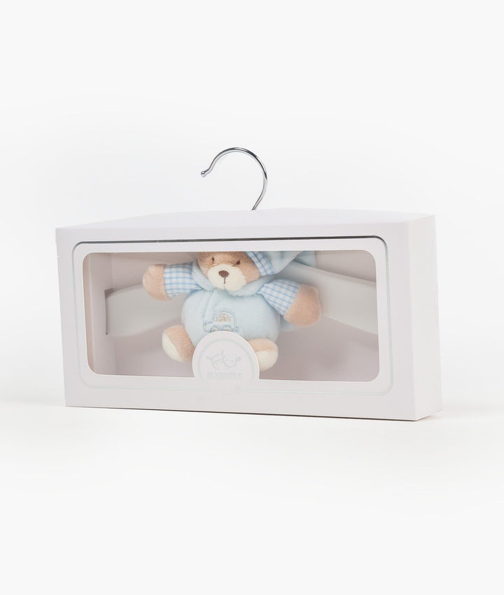 Blue teddy bear wooden hanger in white retail packaging with clear window