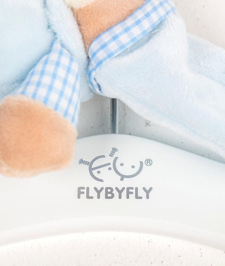 White wooden baby hanger detail showing grey FLYBYFLY brand logo print