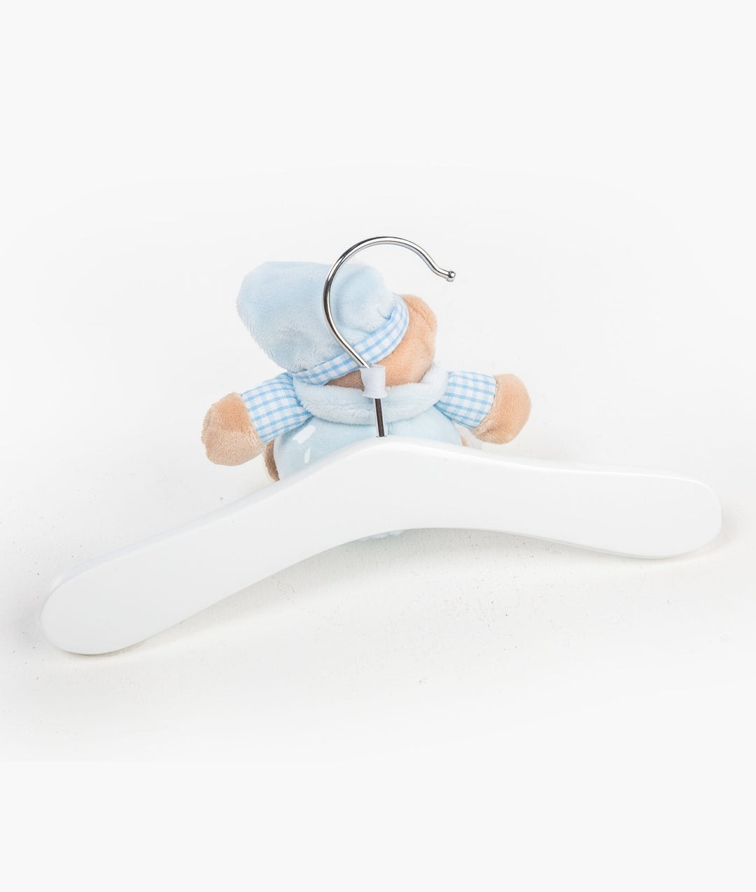 Rear view of flat white wooden hanger with silver metal hook attachment