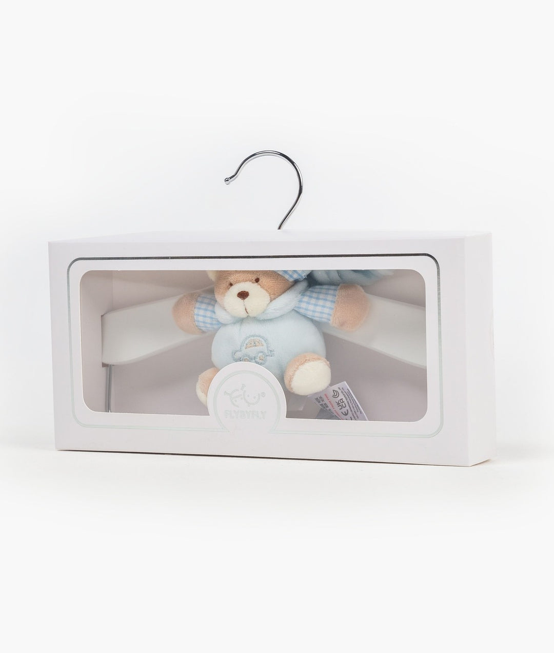 Blue wooden baby hanger with clips in white retail packaging box