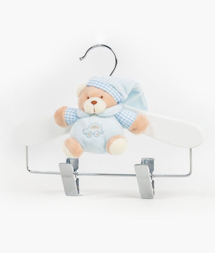 White wooden baby hanger with detachable blue teddy bear and dual silver clips