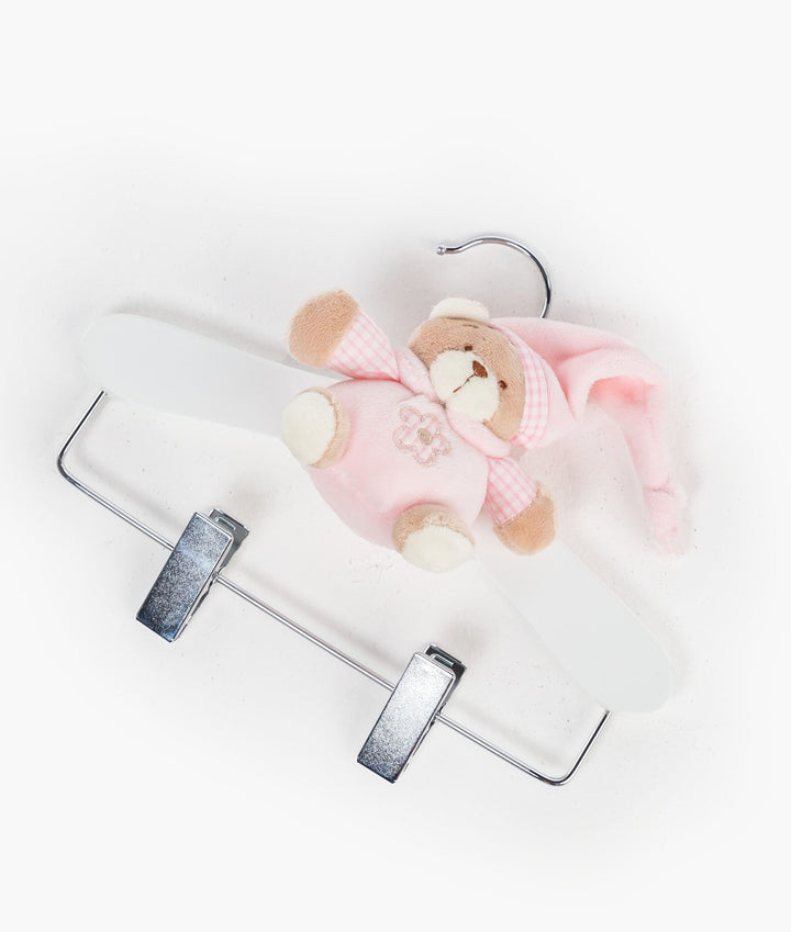Pink wooden hanger with clips