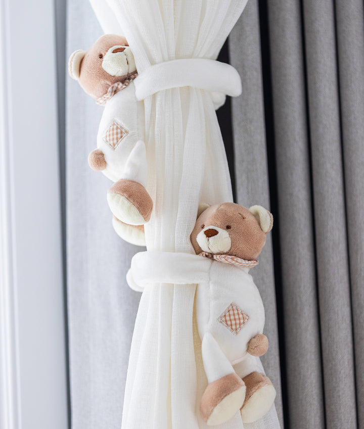 Beige and white bear curtain tieback for nursery