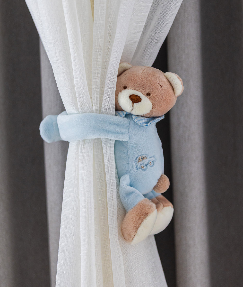 Blue bear curtain tieback for nursery