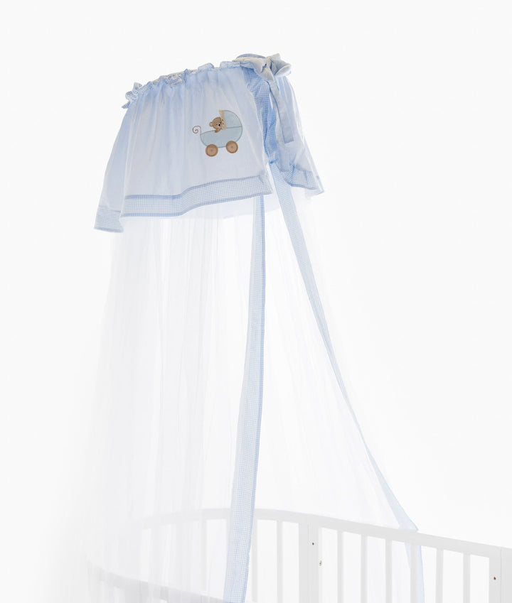White and blue cot canopy and stand set