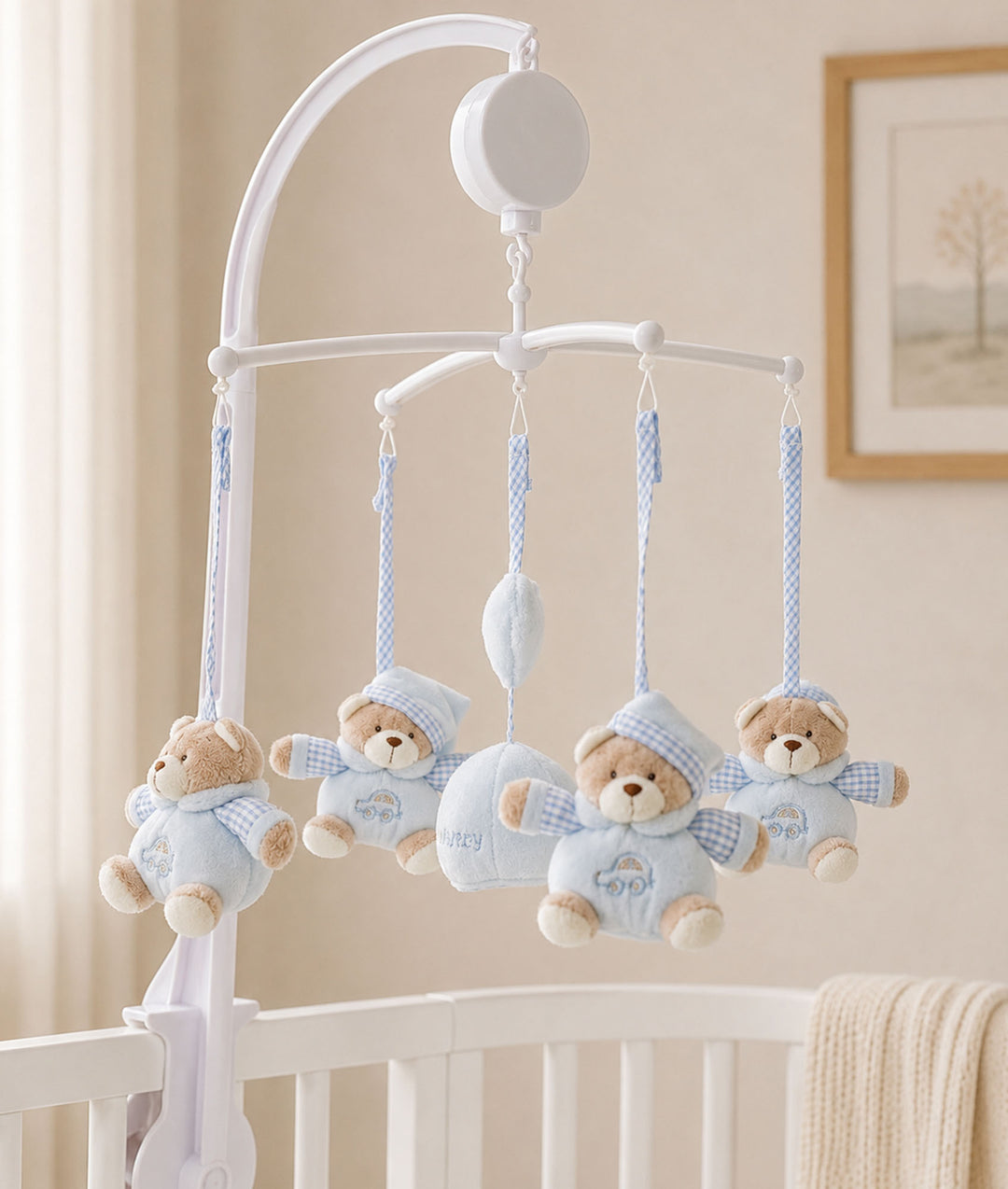 Blue bear musical mobile for baby cot