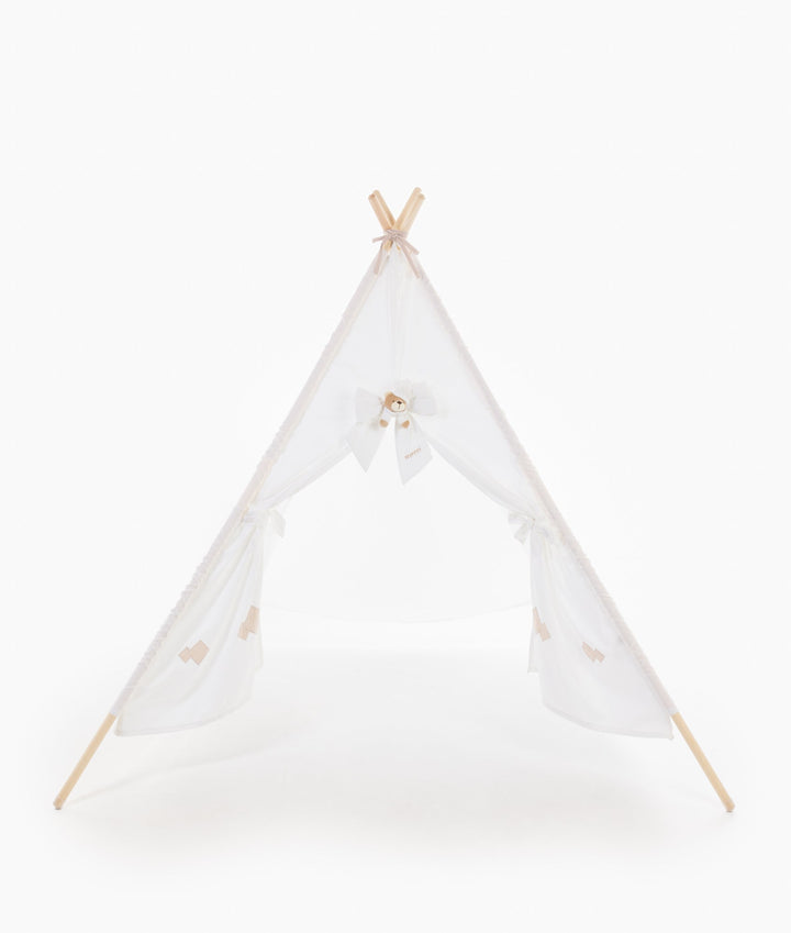 White and beige kids teepee tent for nursery and playroom